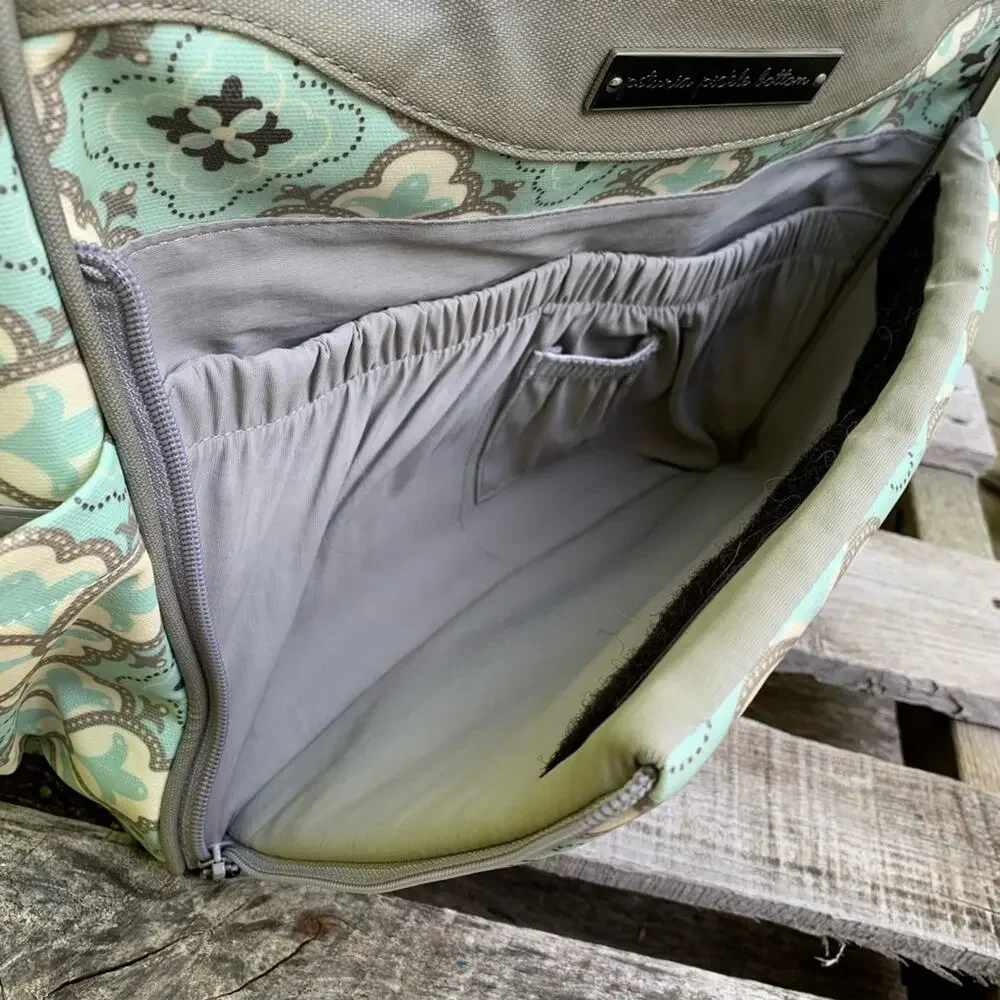 Petunia Pickle Bottom gender neutral blue tan geometric diaper bag